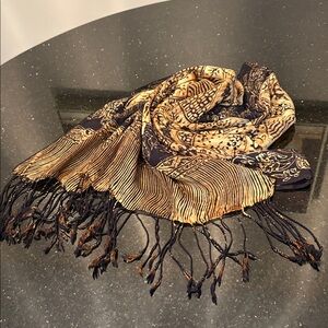 Elegant Black and Gold Silk Scarf with Fringe